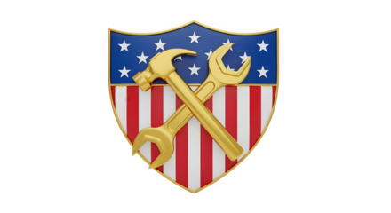 USA shield emblem with hammer and wrench, isolated on white background