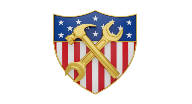 USA shield emblem with hammer and wrench, isolated on white background