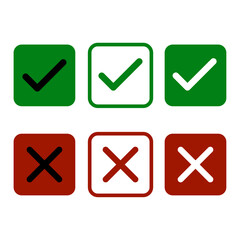 Vector illustration of green check mark and red cross icons inside square boxes, representing correct, wrong, approval, rejection, yes, no, success, failure, confirm, and error.