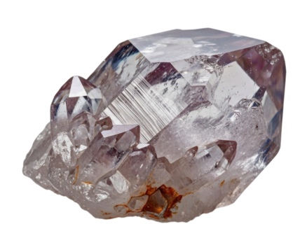 Clear quartz crystal cluster with sharp tips and natural features isolated on a transparent background, cutout PNG