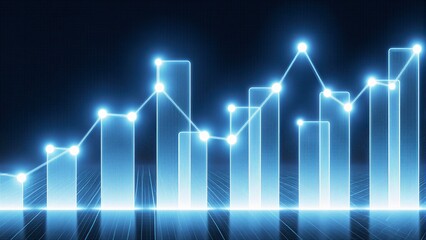 Futuristic financial data visualization with glowing blue line graphs and vertical bar chart, Abstract financial chart with rising graphs