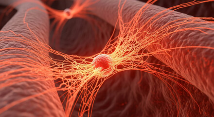 Vibrant Red Microscopic Biological Network: Interconnected Cells and Fibers