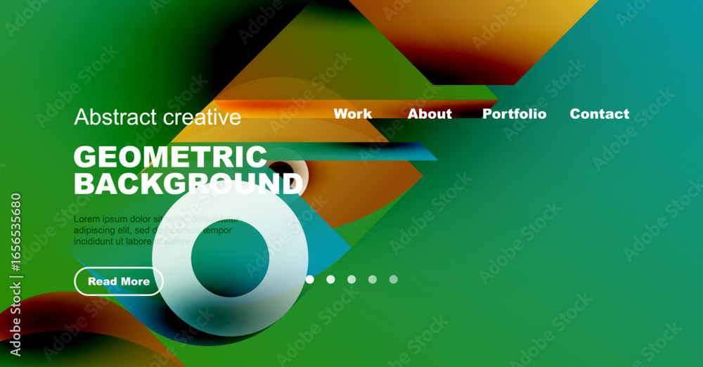 Poster abstract website mockup displays geometric shapes, text, navigation menu. vibrant colors create mode