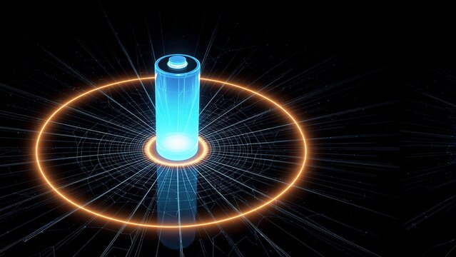 Glowing neon battery icon in bright cyan blue surrounded by an illuminated orange energy - Powered by Adobe