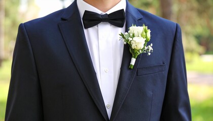 男性の胸元のコサージュの花