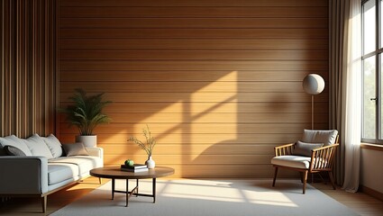Sunlit living room with wooden walls and light-colored furniture.
