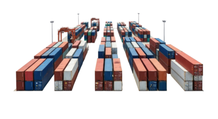 Rows of shipping containers stacked in a port terminal on a clear day, transparent background, cutout PNG