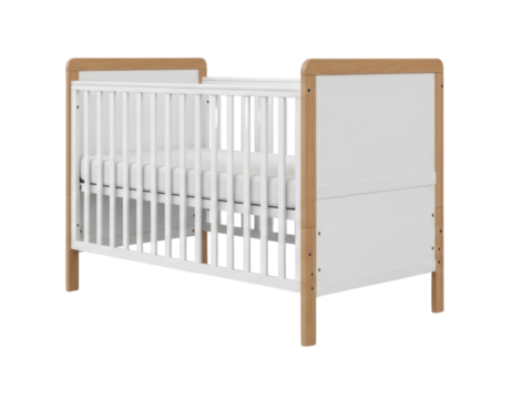 Modern wooden crib with white slats and natural finish isolated on transparent bg, cutout png