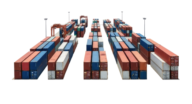 Rows of shipping containers stacked in a port terminal on a clear day, transparent background, cutout PNG