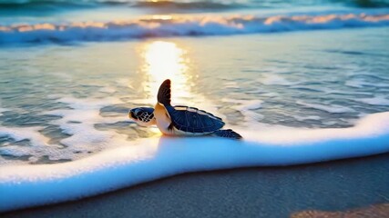 Delightful baby sea turtle making its way to the ocean at sunrise, a hopeful journey across the golden sand, symbolizing new beginnings and the beauty of nature in a vibrant coastal scene