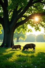 Iberian pigs foraging beneath ancient oaks, sun-dappled pasture , bellota, meat, free-range