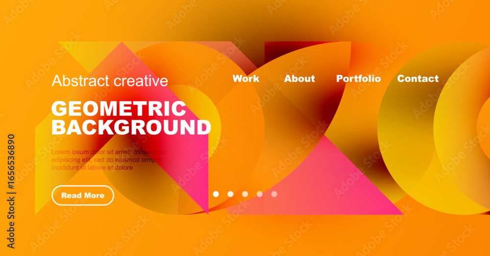 Poster bright abstract design features geometric shapes, vibrant colors, text elements. website header with