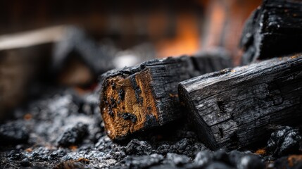 Fototapeta premium A close-up of charred wood pieces resting in an empty firepit, no flame, sharp detail of ash texture, high-resolution macro focus