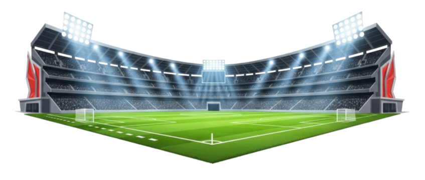 Modern stadium design with seating arrangements and bright lights for sports events transparent background, cutout PNG