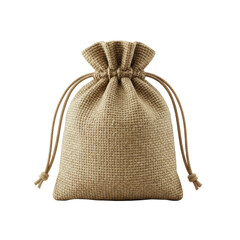 Small, intricately detailed natural burlap drawstring pouch, coarse weave with visible fibers, slightly cinched, isolated on a seamless transparent background, no shadows, ultra-realistic UHD