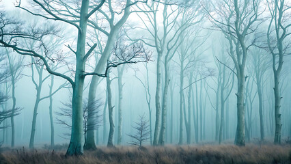 Obraz premium Ethereal forest scene with bare trees and atmospheric mist creating a serene mood.