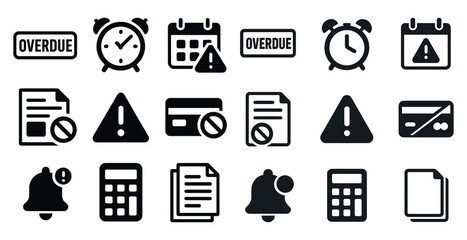 Overdue alert solid icons set – filled, warning, deadline reminder graphics