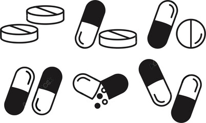 Set of black silhouettes of shoes and icons in black and white for footwear and fashion design