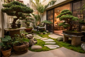 Peaceful Japanese garden featuring carefully pruned bonsai, lush green moss, and winding stone path leading through meditative landscape