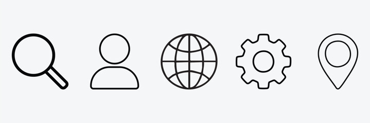 Collection of Five Simple Outline Icons Representing Search User Globe Settings and Location	