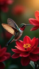 Hummingbird feeding, wings blurred, red petals surrounding, fauna, hover