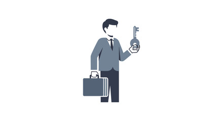 Stylized illustration of a business professional with a key and briefcase, symbolizing access to success, problem-solving, and strategic opportunities.