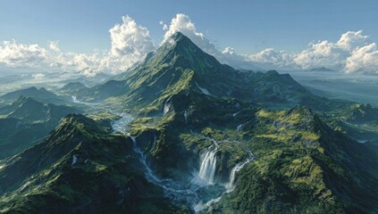 Fototapeta premium Lush mountain range with waterfalls