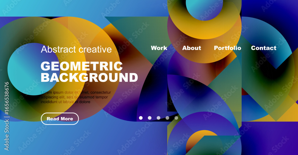 Poster abstract website design features vibrant overlapping circles, text, navigation menu. modern aestheti