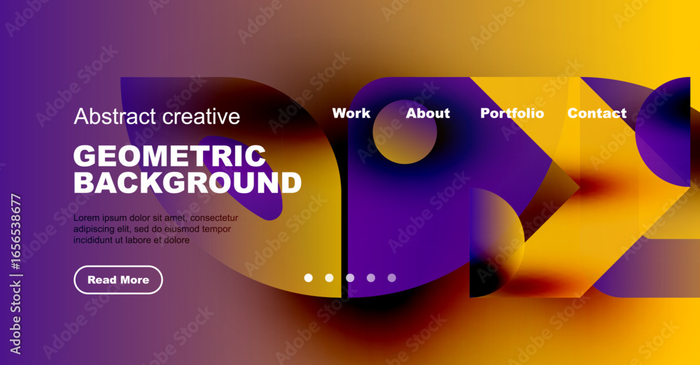 Poster vibrant website header design. fluid shapes, text overlays, navigation menu present. warm color pale