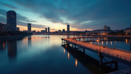 Obraz premium City skyline reflected on calm water at dawn.