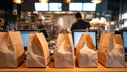 Restaurant takeout bags on counter