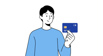 Vector illustration of a young man holding a credit card. Concept for digital payment, online shopping, and personal finance.