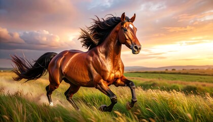 Running horse at sunset