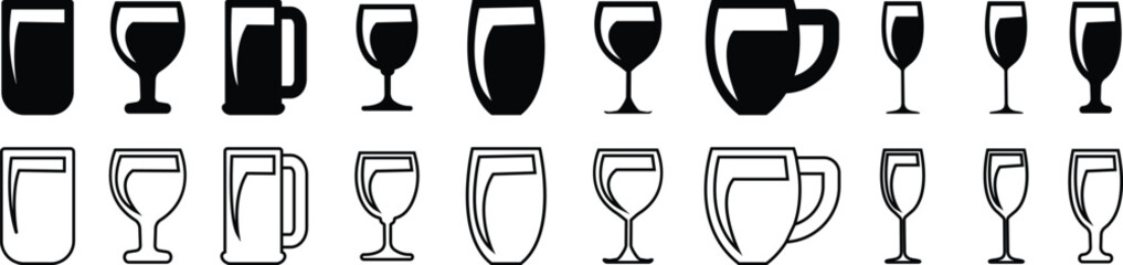 Drinkware icon set, glass cup mug wine goblet beer collection in flat and line style, black silhouette group, bar utensil bundle, beverage container pack, drink synonym vector