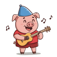 A happy cartoon pig wearing a blue party hat is joyfully playing a small guitar with musical notes floating around.