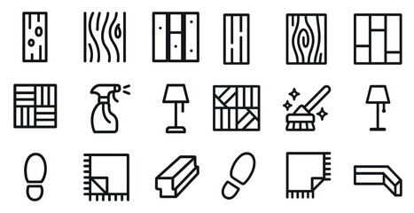 Home cleaning and flooring outline icons set – linear, janitorial, maintenance symbols