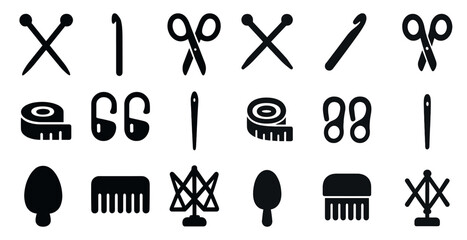Obraz premium Knitting and sewing solid icons set – silhouette, needlework, craft symbols