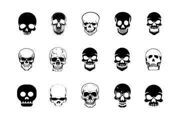 Hand drawn skulls. monochrome head skull icons. cartoon skull.