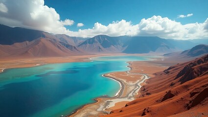High-altitude view of a turquoise lake nestled amongst rugged mountains.