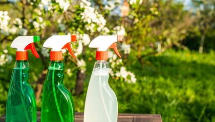 Three spray bottles in garden