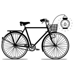 A detailed black and white illustration of a vintage bicycle with a basket and a glowing lantern, featuring a mix of solid fill and intricate line art.

