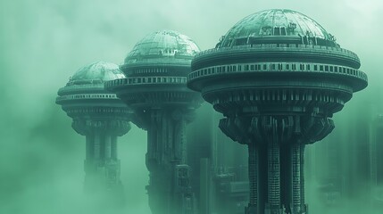 Recursive gear domes balancing on anti-gravity supports futuristic machine temples in greenish fog