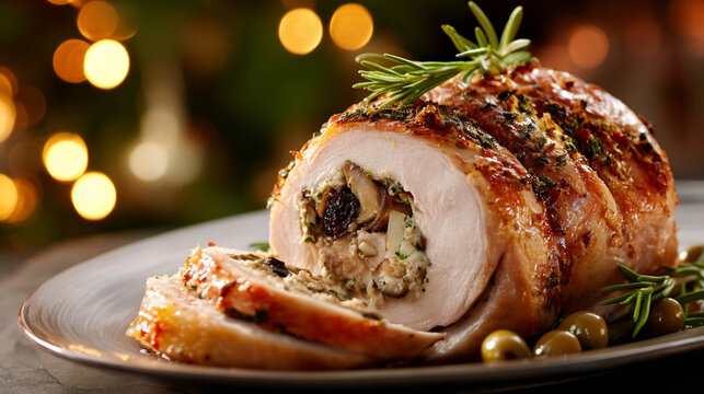 Chompipe relleno, baked stuffed turkey with vegetables, olives, and herbs, sliced to reveal juicy filling, with a softly glowing Christmas tree on the background