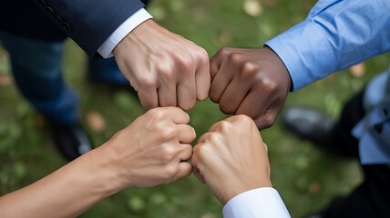Four people doing a fist bump outdoors on green grass representing friendship and diverse unity concept