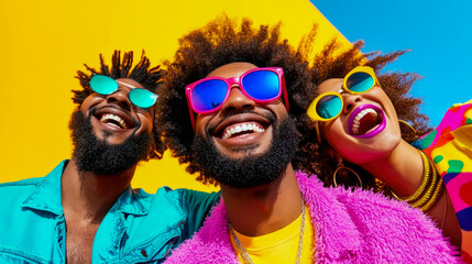 Three diverse friends with vibrant style and infectious laughter pose against bright yellow and blue background, radiating pure joy and summer fun