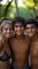 Fototapeta premium Three smiling young friends, two boys and one girl, with wet hair and skin, enjoying joyful summer day outdoors, looking directly at camera