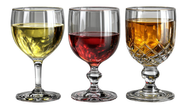 Three Distinct Glasses of Wine on Transparent Background Isolated
