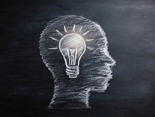Creative concept of human head silhouette with illuminated light bulb drawn in chalk on blackboard, symbolizing ideas and innovation in education and brainstorming sessions