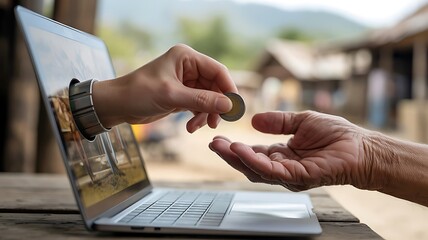 Hand reaching out of laptop screen to give a coin to another person showing online donation charity