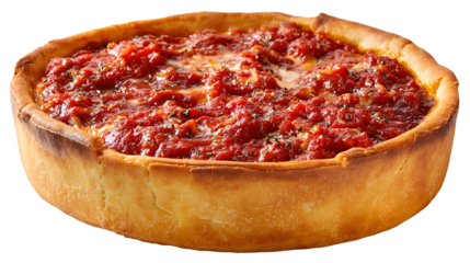 An authentic Chicago deep-dish pizza with its signature thick crust and chunky tomato sauce on top. A hearty, isolated shot ideal for a specialty pizzeria menu.
